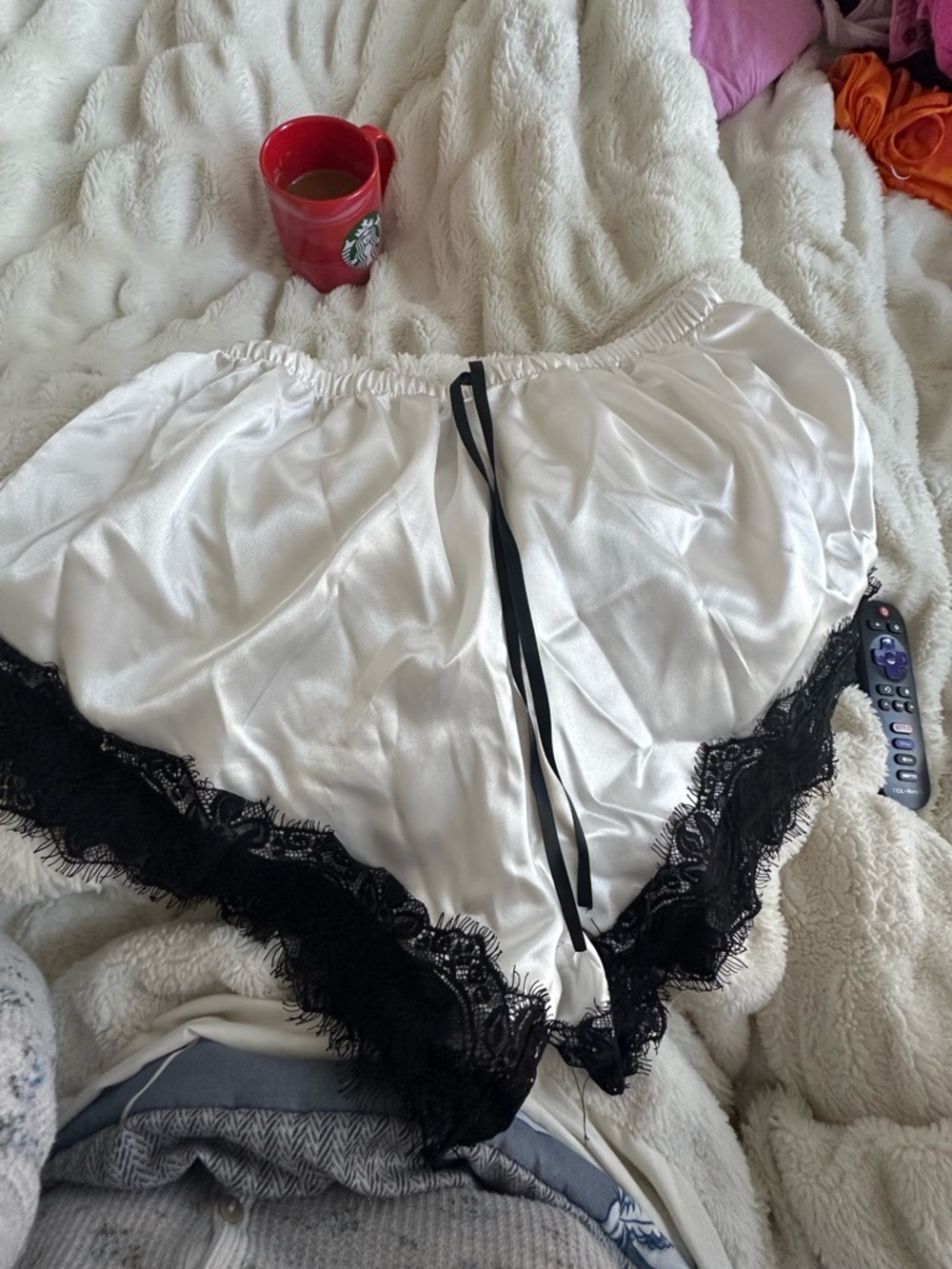 Satin Lace-Trim Sleep Shorts - White with Black Trim